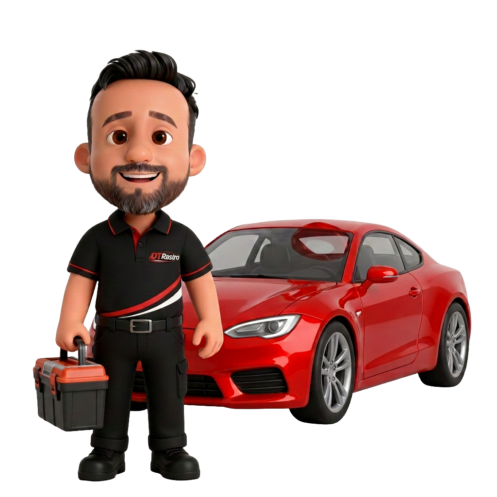 Ricardinho, mascote da DTRastro, ao lado de um carro esportivo vermelho rastreado